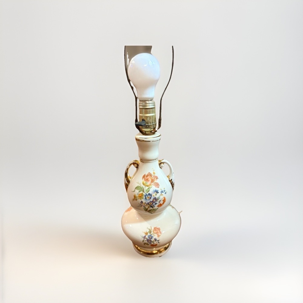 Vintage Urn Style Porcelain Hand Painted Floral Motif With Gold Trim Lamp 20"